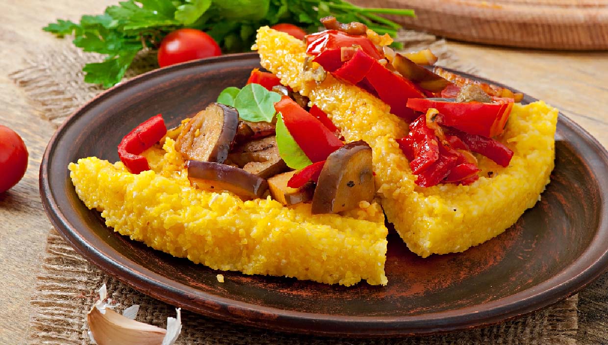polenta with vegetables corn grits pizza with tomato eggplant